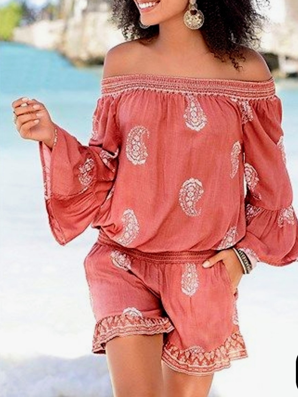 100% Modal.Lascana  Carmen Paisley Off-Shoulder  Romper - Coral. Size 10. Large.